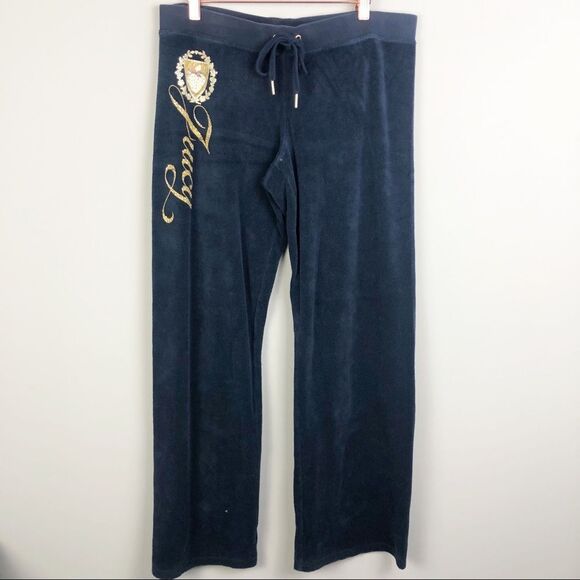 JUICY COUTURE | Y2K Style Navy Blue Terry Cloth Drawstring Pants Women’s Size L - Picture 1 of 11